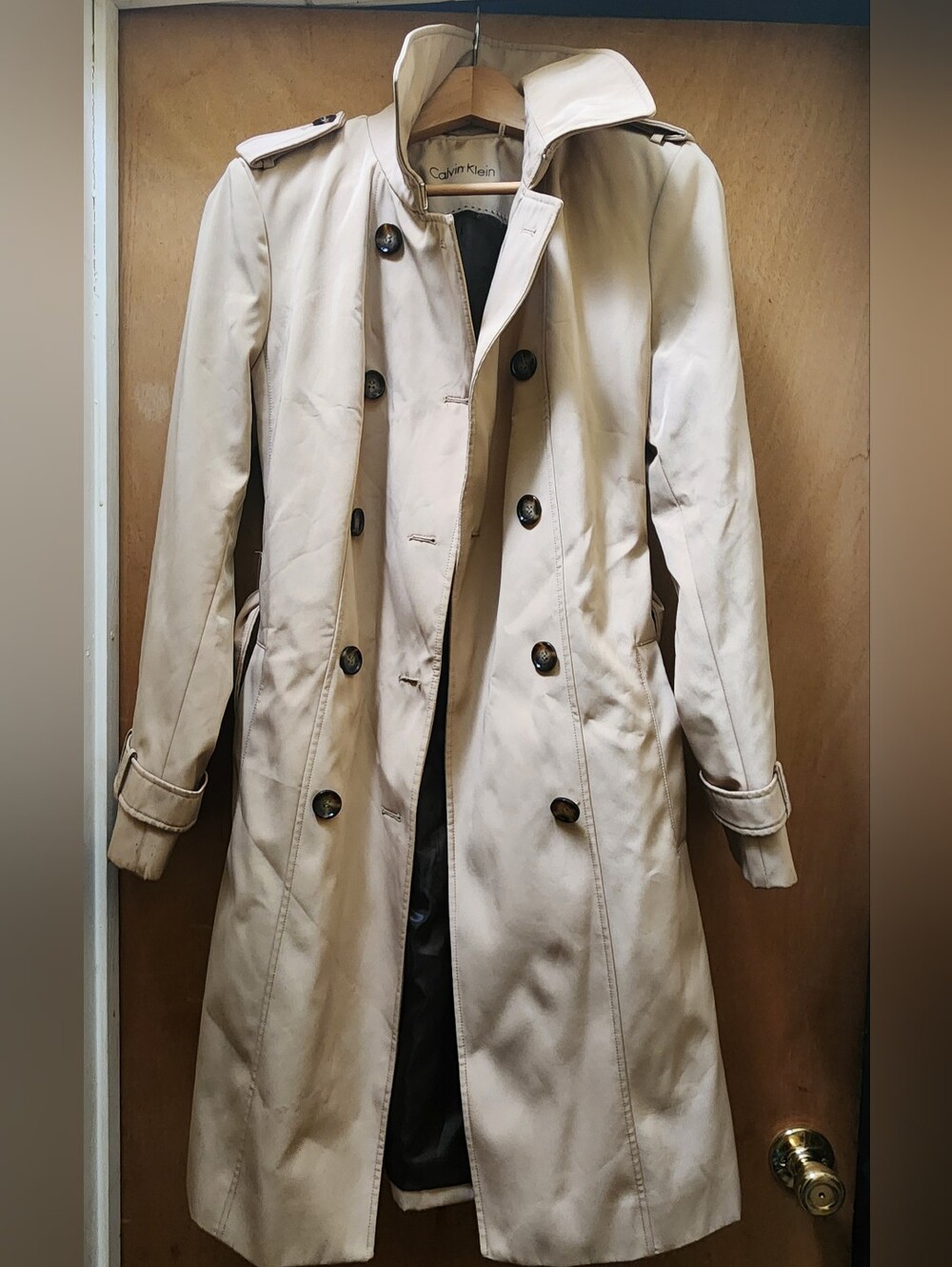 Calvin Klein Long Beige Double-Breasted Trench Coat